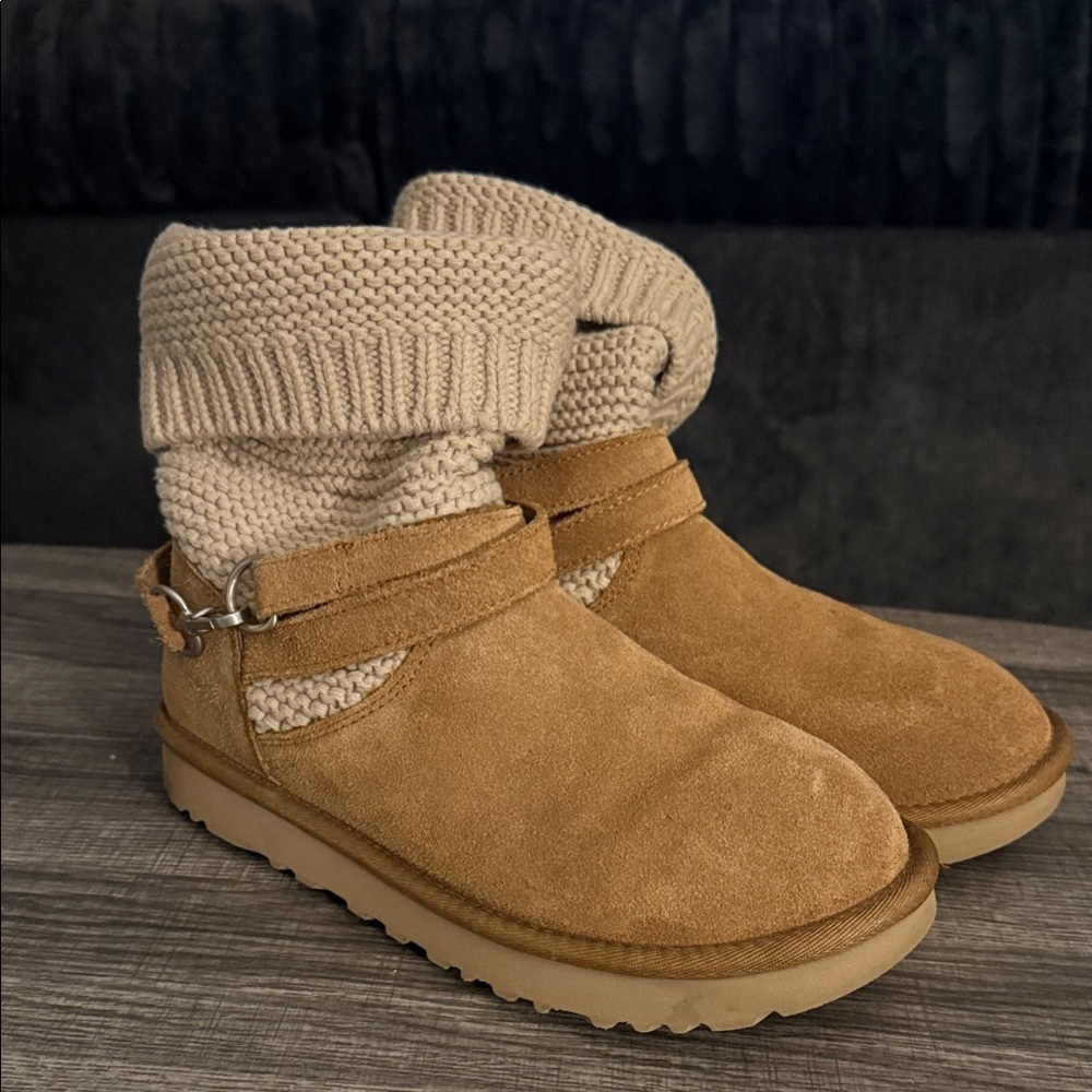 UGG Tan Suede Knit Cuff Boots